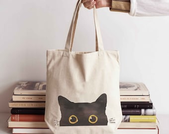 Peeking Cat Tote Bag, Funny Cat Gifts Reusable Bag Cat & Book Lover Gift Black Cat Lover Gifts Cat Mom Bag for Books Cat Themed Gifts