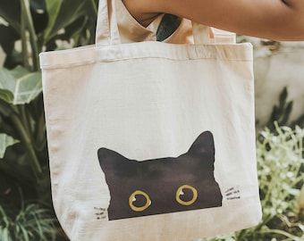 Peeking Cat Tote Bag, Funny Cat Gifts Reusable Bag Cat & Book Lover Gift Black Cat Lover Gifts Cat Mom Bag for Books Cat Themed Gifts