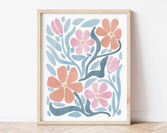 Abstract Floral Printable Art, Pink & Blue Flower Abstract Living Room Wall Art Print Floral Digital Art Apartment Floral Poster Office Art