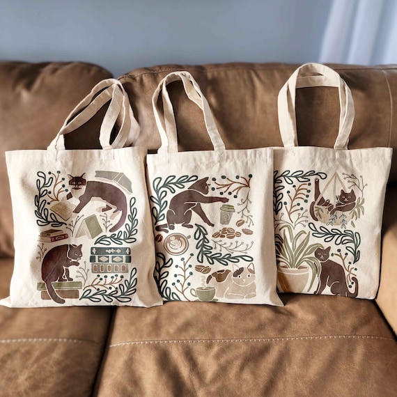 Cat Tote Bag – Whimsical Cat Lover Gift Bag Funny Cat Book Tote Cats and Books Reusable Bag Cat Gifts for Women Cats & Plants Shopping Bag