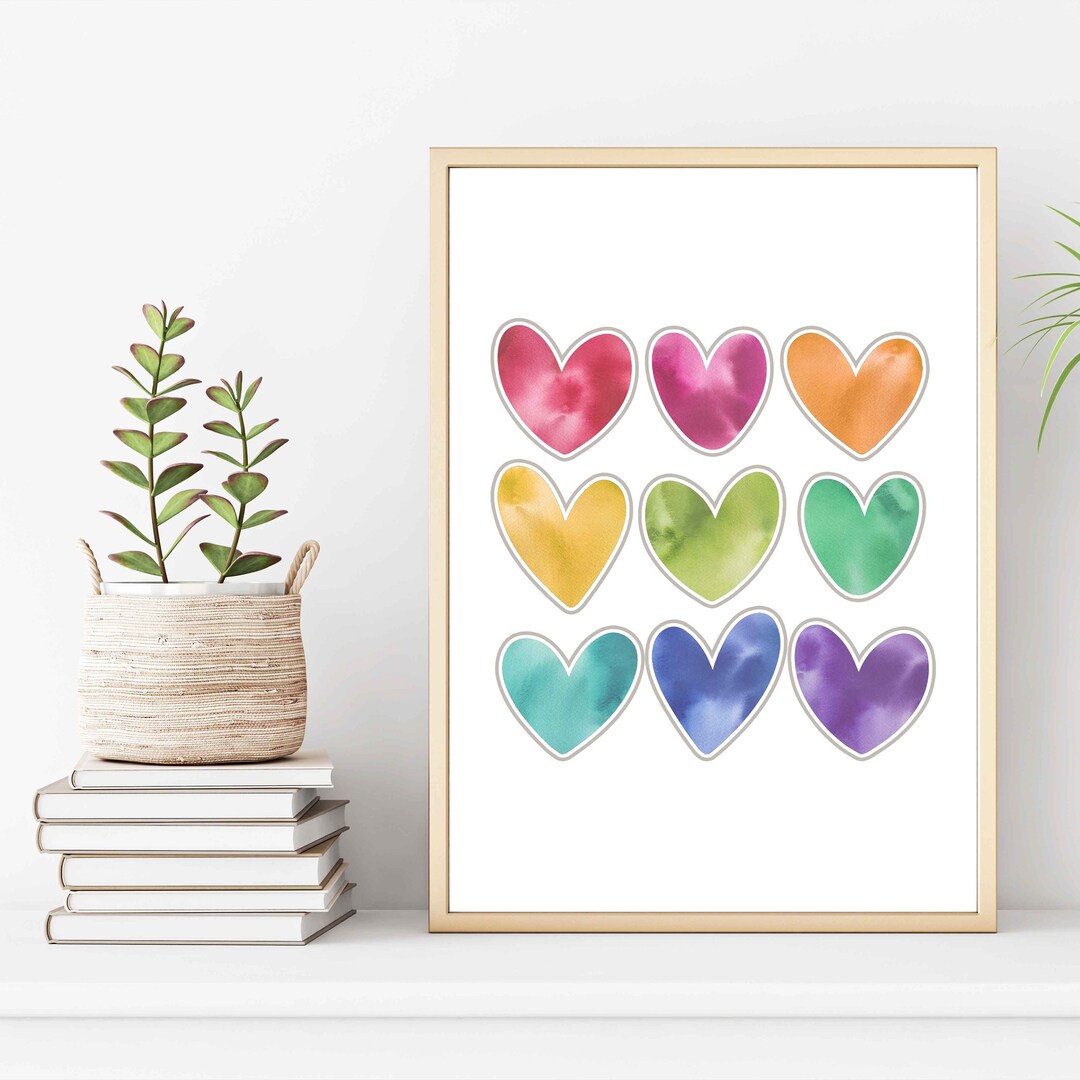 Rainbow Hearts Printable Art Valentine Printable Watercolor - Etsy