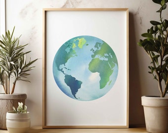 World Globe Print, Travel Wall Art World Map Print Science Poster Watercolor Earth Wall Art Science Classroom Poster Earth Day Art Poster