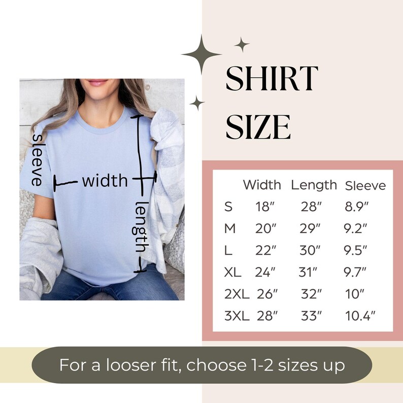 K&ouml;nnte beinhalten: Eine Gr&ouml;&szlig;entabelle f&uuml;r ein Shirt mit Ma&szlig;en in Zoll. Die Tabelle zeigt die Breite, L&auml;nge und &Auml;rmell&auml;nge f&uuml;r die Gr&ouml;&szlig;en S, M, L, XL, 2XL und 3XL. Der Text "F&uuml;r eine lockere Passform, w&auml;hlen Sie 1-2 Gr&ouml;&szlig;en gr&ouml;&szlig;er" befindet sich am unteren Rand der Tabelle.