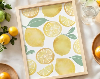 Lemon Digital Art, Watercolor Lemon Wall Art Print Lemon Kitchen Digital Print Citrus Kitchen Wall Art Lemon Poster Lemon Printable Art