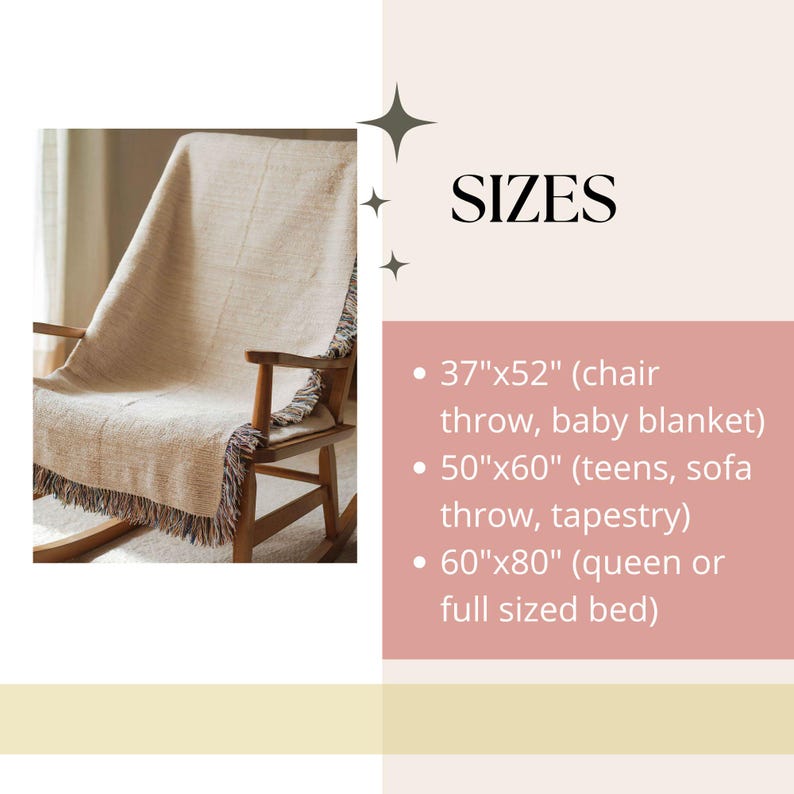 Puede incluir: Una manta de lana beige con flecos coloridos est&aacute; colocada sobre una mecedora de madera. La imagen incluye texto que dice "SIZES" y enumera tres tama&ntilde;os: 37"x52", 50"x60" y 60"x80".
