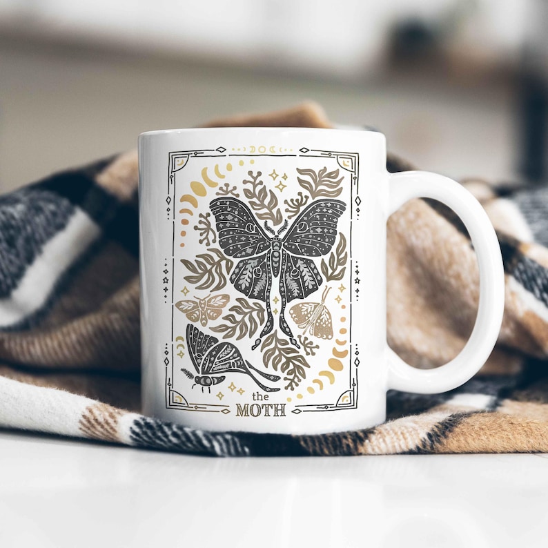 Celestial Dragon Mug, Boho Dragon Cup with Stars and Moons Dragon Lover Gift Tarot Mug Witchy Gift for Friend Dragon Lover Gift Mystical Mug Moth 11 oz