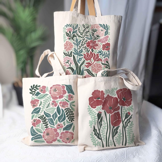 Floral Tote Bag – Watercolor Spring Floral Mothers Day Tote Bag Poppy Bag or Pink Rose Tote Bag Flower Lover Gift Bag Canvas Tote for Women