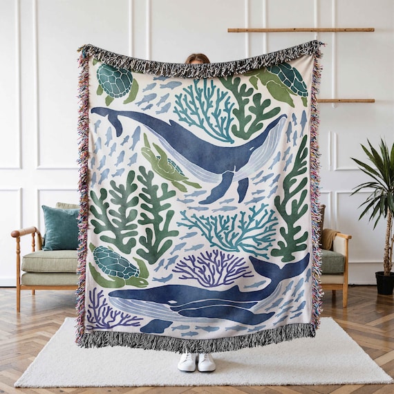 Ocean Blanket Woven – Ocean Lover Gift Sea Creatures Nursery Throw Blanket Ocean Tapestry Coastal Nursery Decor Whale Blanket Under the Sea