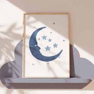 Moon Nursery Art, Moon and Stars Art Kids Bedroom Wall Digital Prints Baby Room Watercolor Moon Poster Moon Digital Print for Nursery