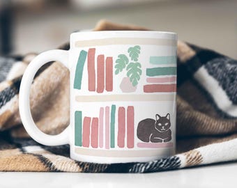 Cat and Books Mug, Cat Coffee Mug Bookish Merch Cats Coffee Cup Reader Mug Gift for Cat Lover Mug Book Club Mug Booktrovert Gift for Wife