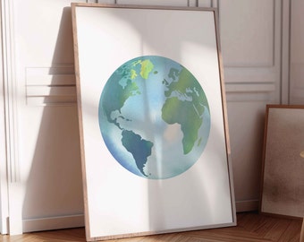 World Globe Print, Travel Wall Art World Map Print Science Poster Watercolor Earth Wall Art Science Classroom Poster Earth Day Art Poster