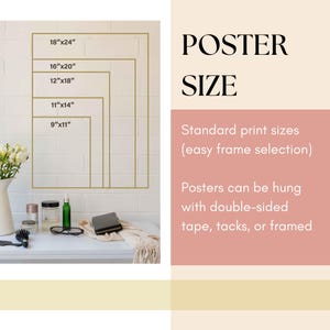 Może przedstawiać: Przewodnik po rozmiarach plakat&oacute;w z r&oacute;żnymi rozmiarami podanymi w calach. Tekst głosi "POSTER SIZE" i "Standard print sizes (easy frame selection)". Tekst głosi r&oacute;wnież "Posters can be hung with double-sided tape, tacks, or framed".