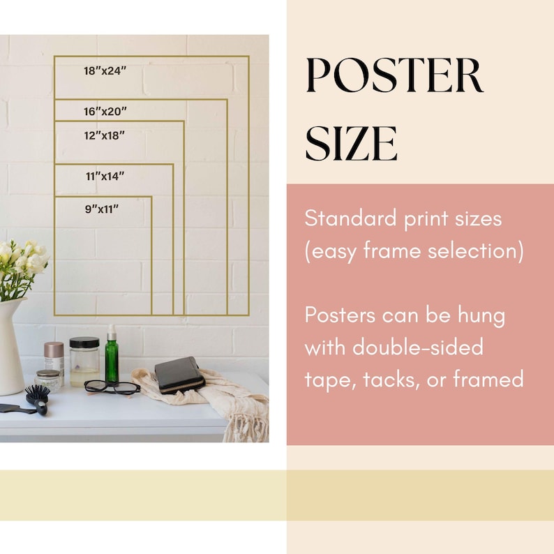 Może przedstawiać: Przewodnik po rozmiarach plakat&oacute;w z r&oacute;żnymi rozmiarami podanymi w calach. Tekst głosi "POSTER SIZE" i "Standard print sizes (easy frame selection)". Tekst głosi r&oacute;wnież "Posters can be hung with double-sided tape, tacks, or framed".