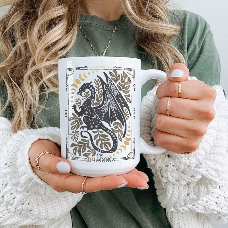 Celestial Dragon Mug, Boho Dragon Cup with Stars and Moons Dragon Lover Gift Tarot Mug Witchy Gift for Friend Dragon Lover Gift Mystical Mug Dragon 15 oz