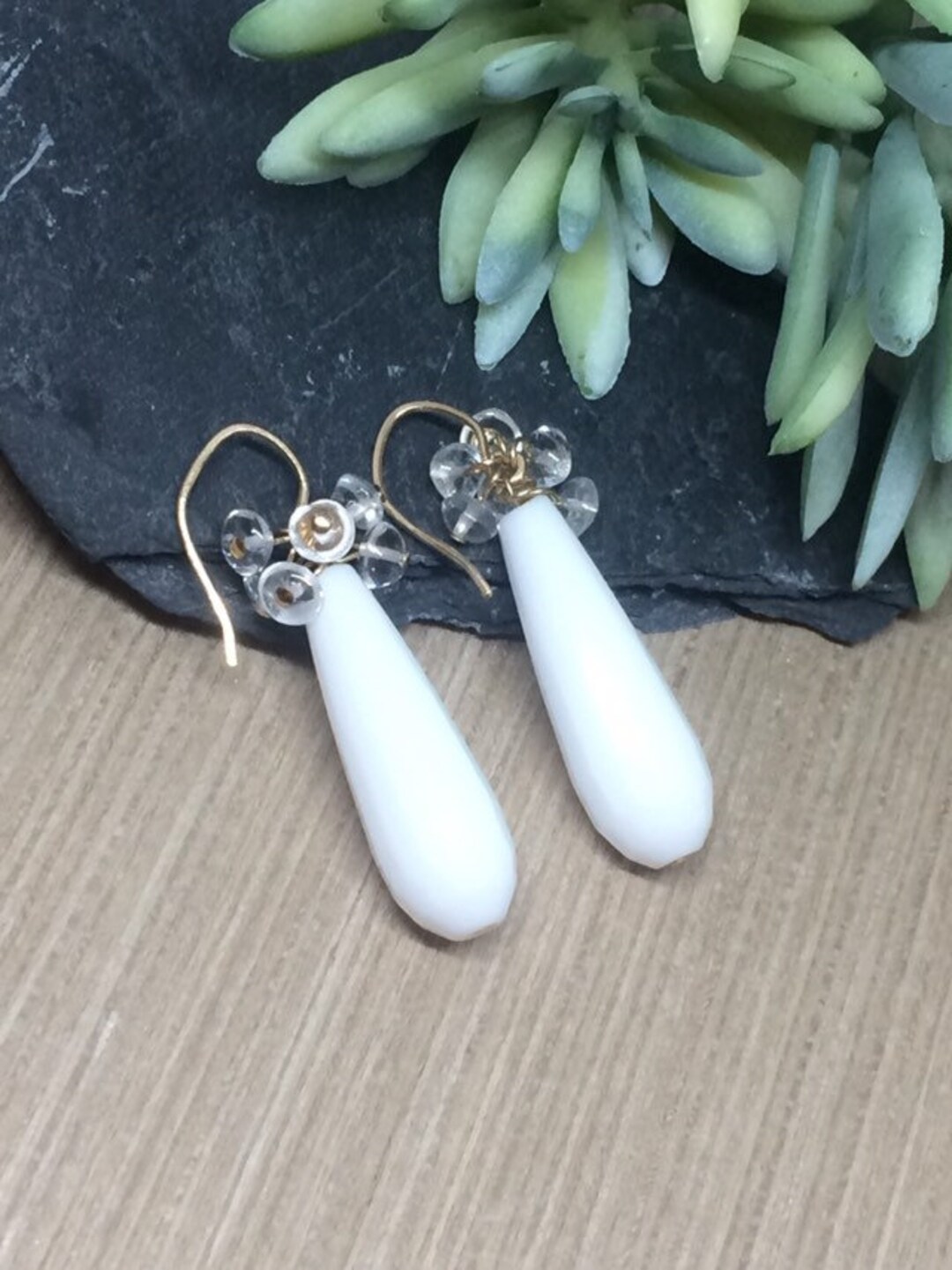 White Ceramic Teardrops With Clear Quartz Long White Dangle - Etsy