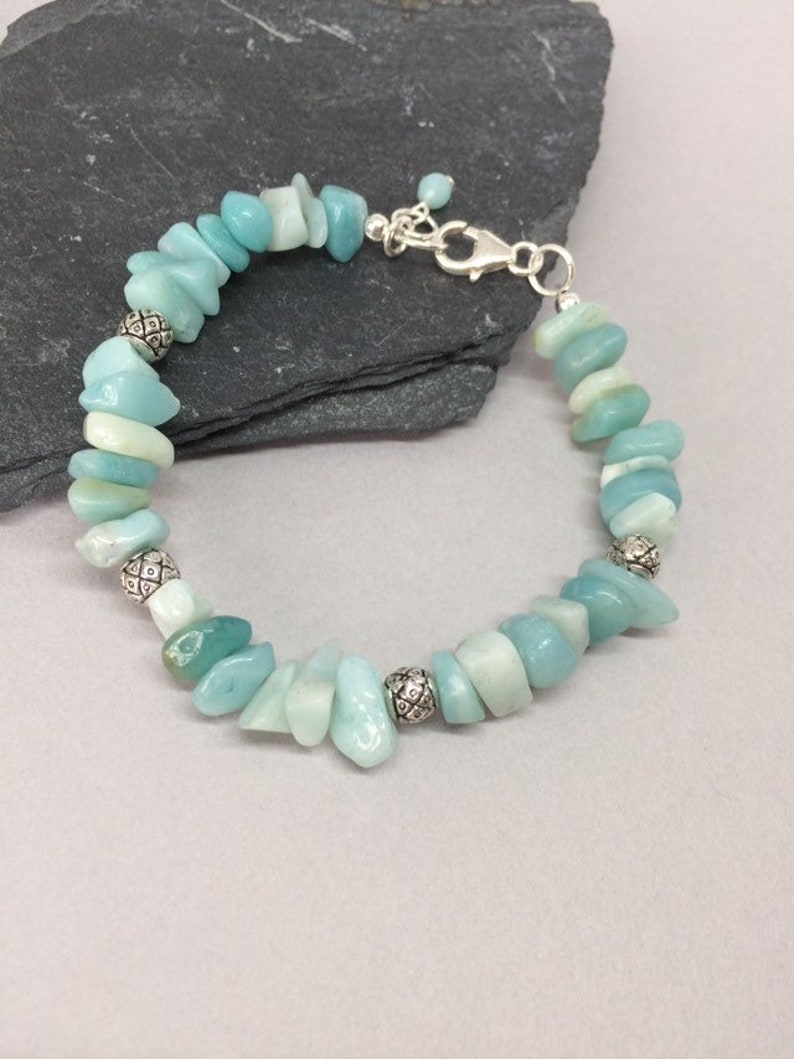 7 inch Gemstone Bracelet Amazonite Chip Bracelet Amazonite and Silver Bracelet