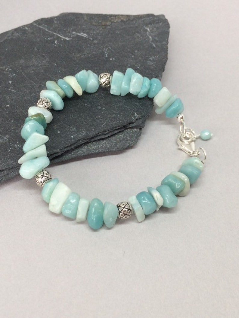 7 inch Gemstone Bracelet Amazonite Chip Bracelet Amazonite and Silver Bracelet