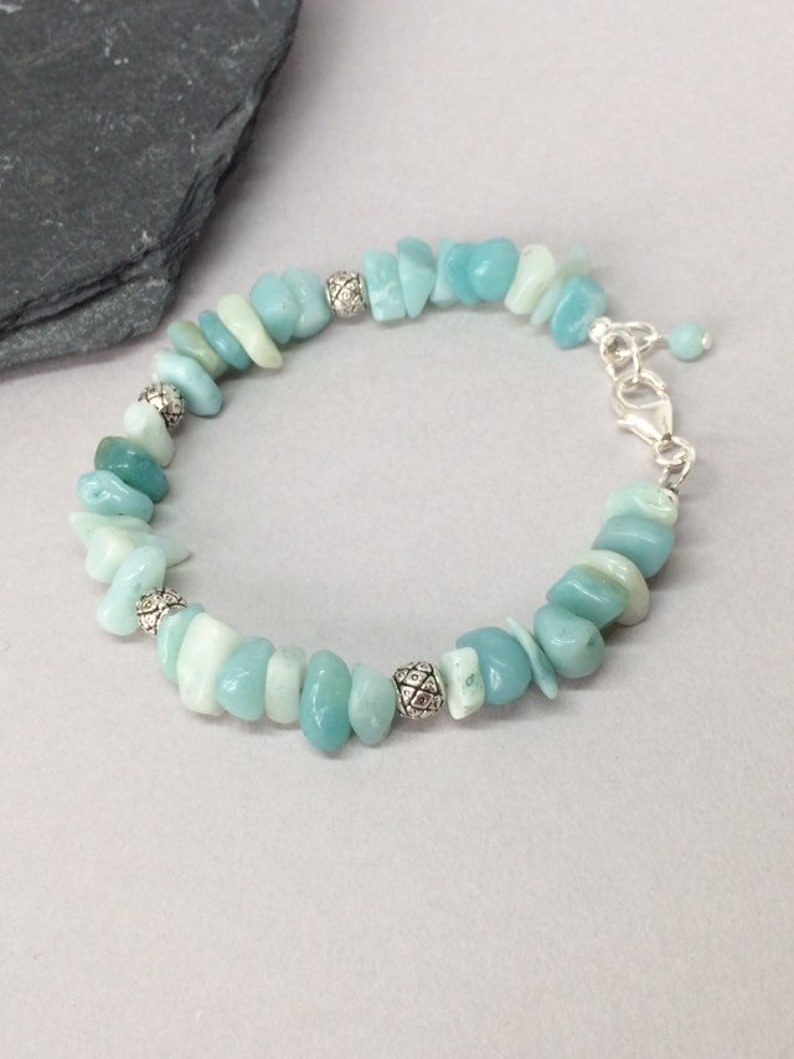 7 inch Gemstone Bracelet Amazonite Chip Bracelet Amazonite and Silver Bracelet