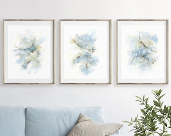 Abstract Blue Art, 3 Piece Wall Art, Triptych Abstract Painting Set of 3 Prints, Soothing Blue Gray Watercolor Prints Living Room Wall Decor