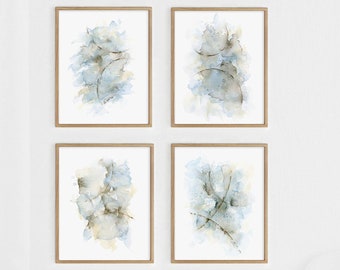 Abstract Print Set of 4 Watercolor Paintings, Minimalist Artwork, Grey Blue Matching Pictures for Master Bedroom Wall Decor Over the Bed Art