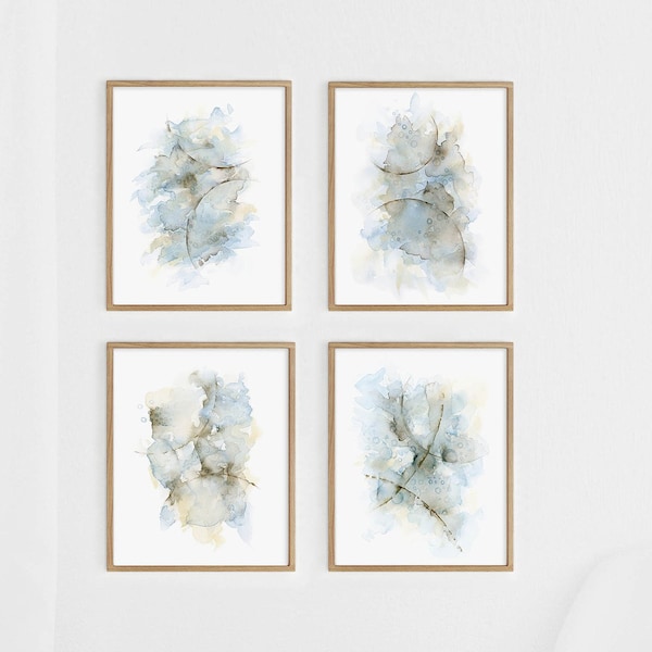 Abstract Print Set of 4 Watercolor Paintings, Minimalist Artwork, Grey Blue Matching Pictures for Master Bedroom Wall Decor Over the Bed Art