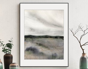 Impresión de paisaje de acuarela de arte abstracto, decoración de pared de arte neutral para sala de estar, obra de arte gris de impresión Moody para paredes, decoración de hogar minimalista