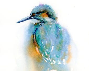 Bird Print of Kingfisher Painting, Teal Blue Abstract Watercolour Artwork of Audubon Birds, Nature Lover Gift, Modern Living Room Wall Art