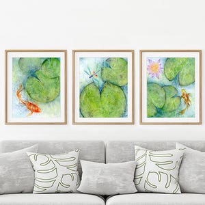 Conjunto de 3 estampas de peixes koi aquarela pintura abstrata tríptico arte de parede, arte de decoração de parede de sala de estar para paredes, arte de parede sobre a cama