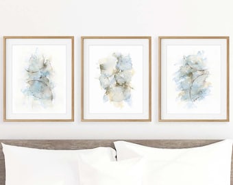 Bedroom wall decor over the bed set of 3 prints, abstract watercolor paintings, matching pictures 3 piece wall art blue grey brown cream