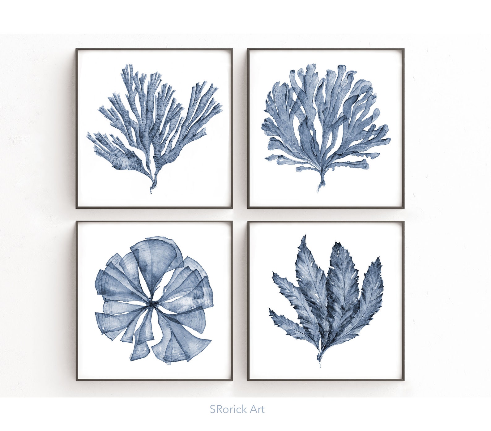 Sea Fan Wall Art Print Set of 4 Watercolor Prints Blue Coral Etsy