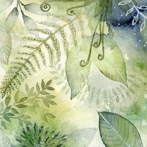 May include: Watercolor painting of green leaves and ferns with a light yellow background. The leaves are painted in a delicate style with white accents.