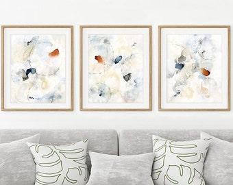 Abstract Art Prints, Bedroom Wall Decor, 3 Piece Wall Art for Over the Bed, Triptych Artwork for Walls in Blue Cream Brown, Large Set of 3