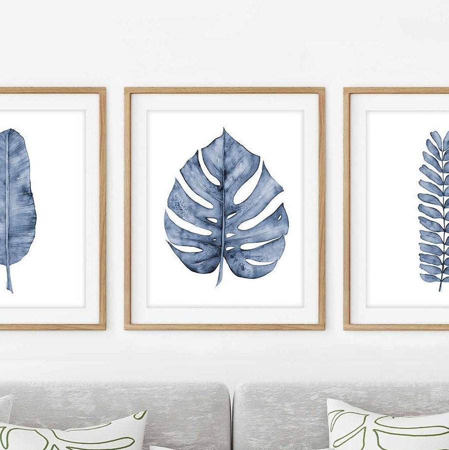 Botanical Prints, Gallery Wall Art Set of 3 Prints, Navy Blue ...
