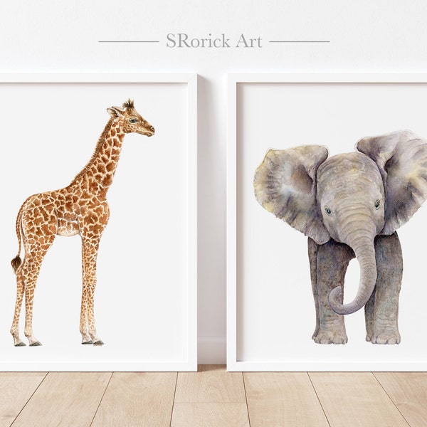 Baby Animal Prints for Nursery, Set of 2 Safari Nursery Decor, Giraffe Print, Elephant Wall Art, Baby Shower Gift Idea, Kids Room Wall Decor