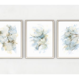 Triptych Abstract Painting, Small 3 Piece Wall Art Set, 5x7 Inch Giclee Artwork, Matching Pictures in Blue Grey Coffee Aesthetic Room Decor