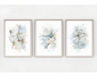 Triptychon Abstraktes Gemälde, Kleines 3-teiliges Wandkunst-Set, 15x7 Zoll Giclee Kunstwerk, Passende Bilder in Blau Grau Kaffee Ästhetische Raumdekoration