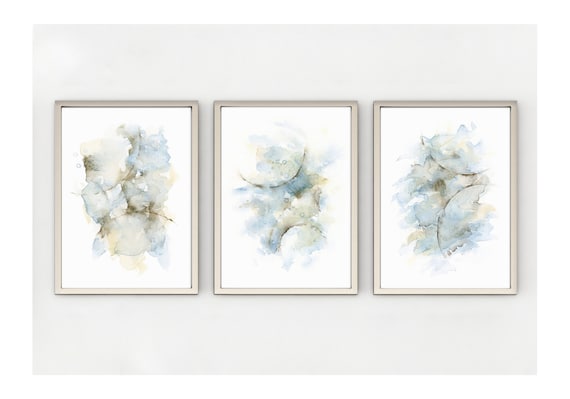 Triptych Abstract Painting, Small 3 Piece Wall Art Set, 5x7 Inch Giclee Artwork, Matching Pictures in Blue Grey Coffee Aesthetic Room Decor