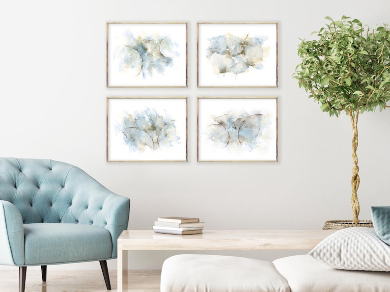 Blue Grey Abstract Art Print Set Of 4 Prints Dining Room Artwork For Walls Gallery Wall Art Set Art Collectibles Giclee Delage Com Br