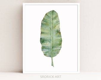 Banana Leaf Print, Botanical Print of Watercolor Painting, Green Blue Tropical Palm Leaf Art, Dining Room Wall Decor, Modern Minimal Artwork