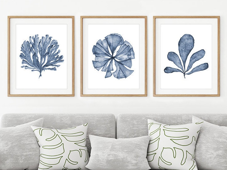 Set of 3 Piece Wall Art Prints of Navy Blue Coral Sea Fan Watercolour ...