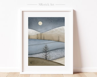 Lámina artística de montaña nevada en gris azulado y beige. Arte mural con árboles invernales, cielo nocturno estrellado y colinas ondulantes, ilustración de paisaje neutro