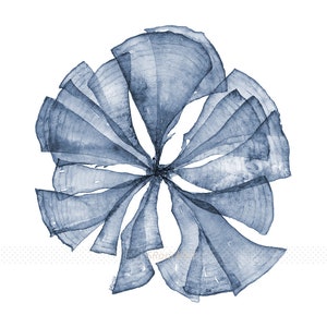 May include: A blue watercolor painting of a stylized flower with multiple petals.
