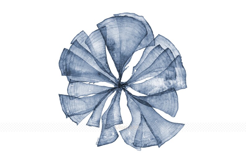 May include: A blue watercolor painting of a stylized flower with multiple petals.