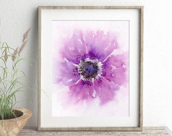 Watercolor print of abstract floral painting, 5x7 inches, girls room nursery wall decor, purple pink anemone flower, living room wall art