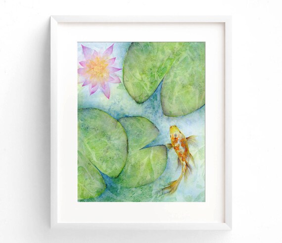 Japanese Koi Print Of Abstract Watercolor Painting Feng Shui Bedroom Wall Decor Spa Bathroom Wall Art Lotus Flower Print Gold Fish Pond