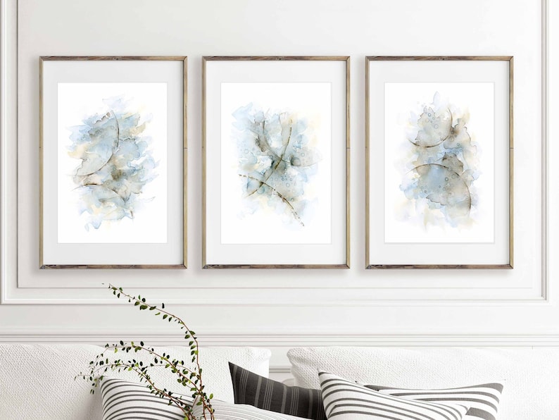 Living Room Wall Art Set Of 3 Prints Abstract Watercolor Painting Piece Decor Bedroom Above Bed Dining In Blue