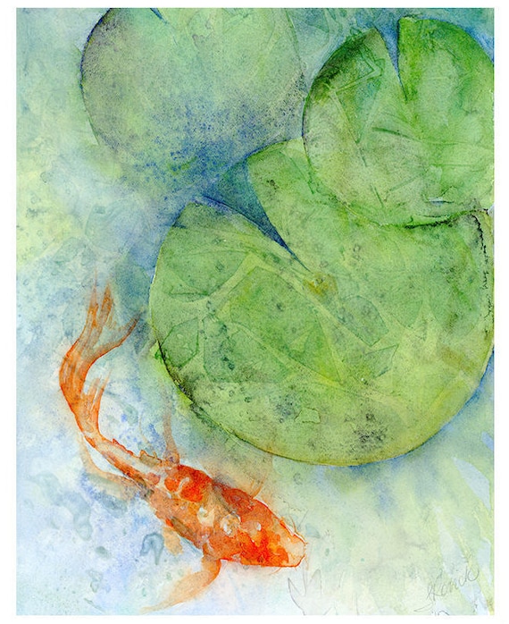 Abstract Art Print Of Koi Fish Watercolor Painting Feng Shui Wall Art For Yoga Studio Pisces Gift Green Blue Master Bedroom Wall Decor