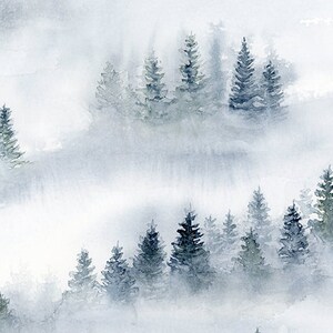 Abstract Painting Misty Forest Print, Watercolor Landscape Nature Print, Blue Grey Artwork for Walls, Foggy Trees Living Room Wall Decor
