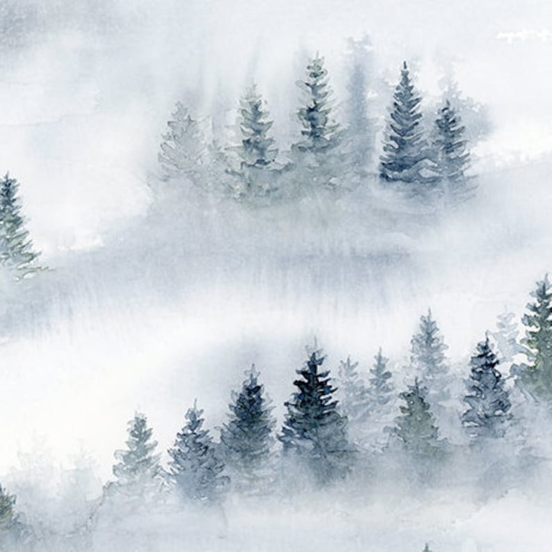 Abstract Painting Misty Forest Print, Watercolor Landscape Nature Print, Blue Grey Artwork for Walls, Foggy Trees Living Room Wall Decor