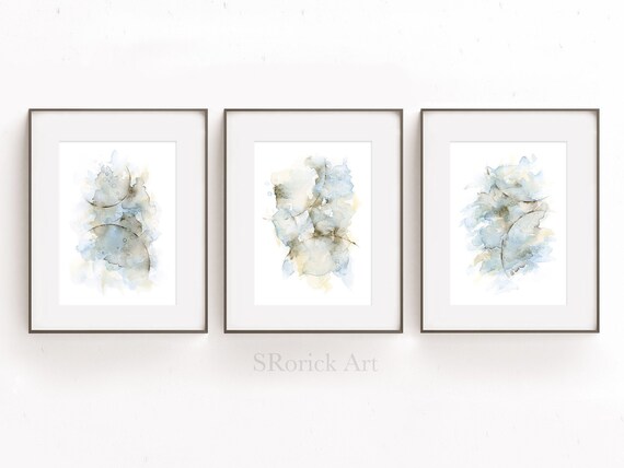 3 Piece Wall Art Set, Watercolor Abstract Painting Artwork 5x7 Inch Matching Print Set of 3, Blue Grey Brown Cream, Small Artwork for Walls